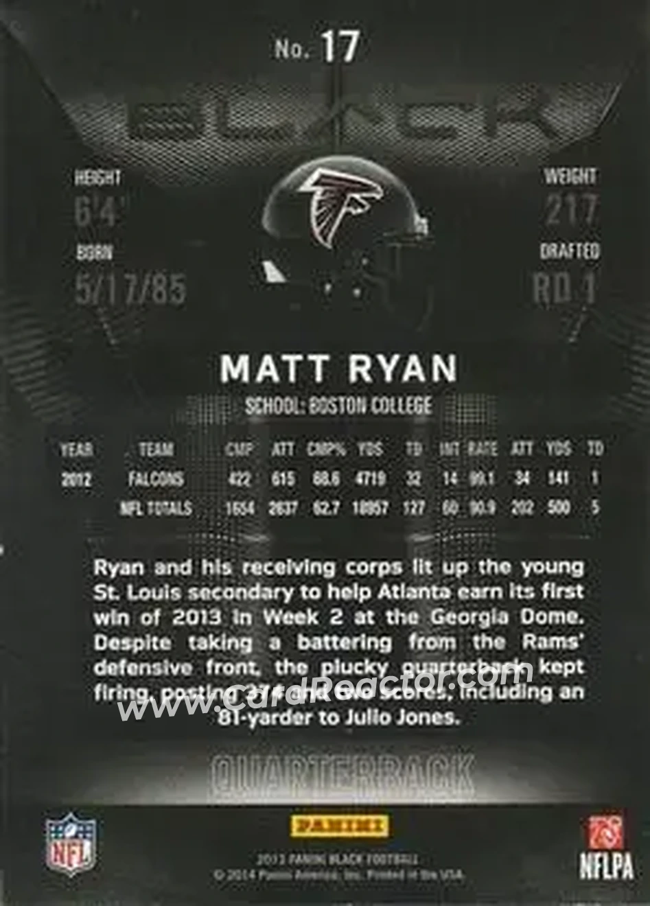 2013 Panini Black - Black #17 - Matt Ryan - Atlanta Falcons - Back