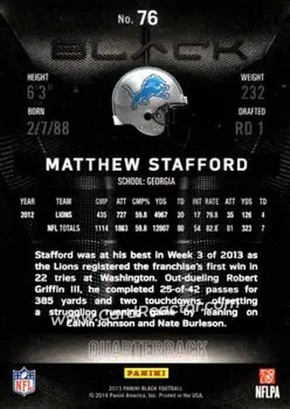2013 Panini Black - Black #76 - Matthew Stafford - Detroit Lions - Back 2013 Panini Black - Black #76 - Matthew Stafford - Detroit Lions - Back