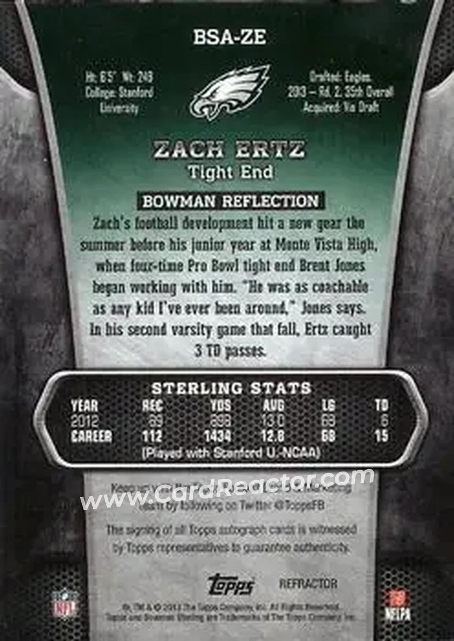 2013 Bowman Sterling - Autographs Gold Refractors #BSA-ZE - Zach Ertz - Philadelphia Eagles - Back 2013 Bowman Sterling - Autographs Gold Refractors #BSA-ZE - Zach Ertz - Philadelphia Eagles - Back