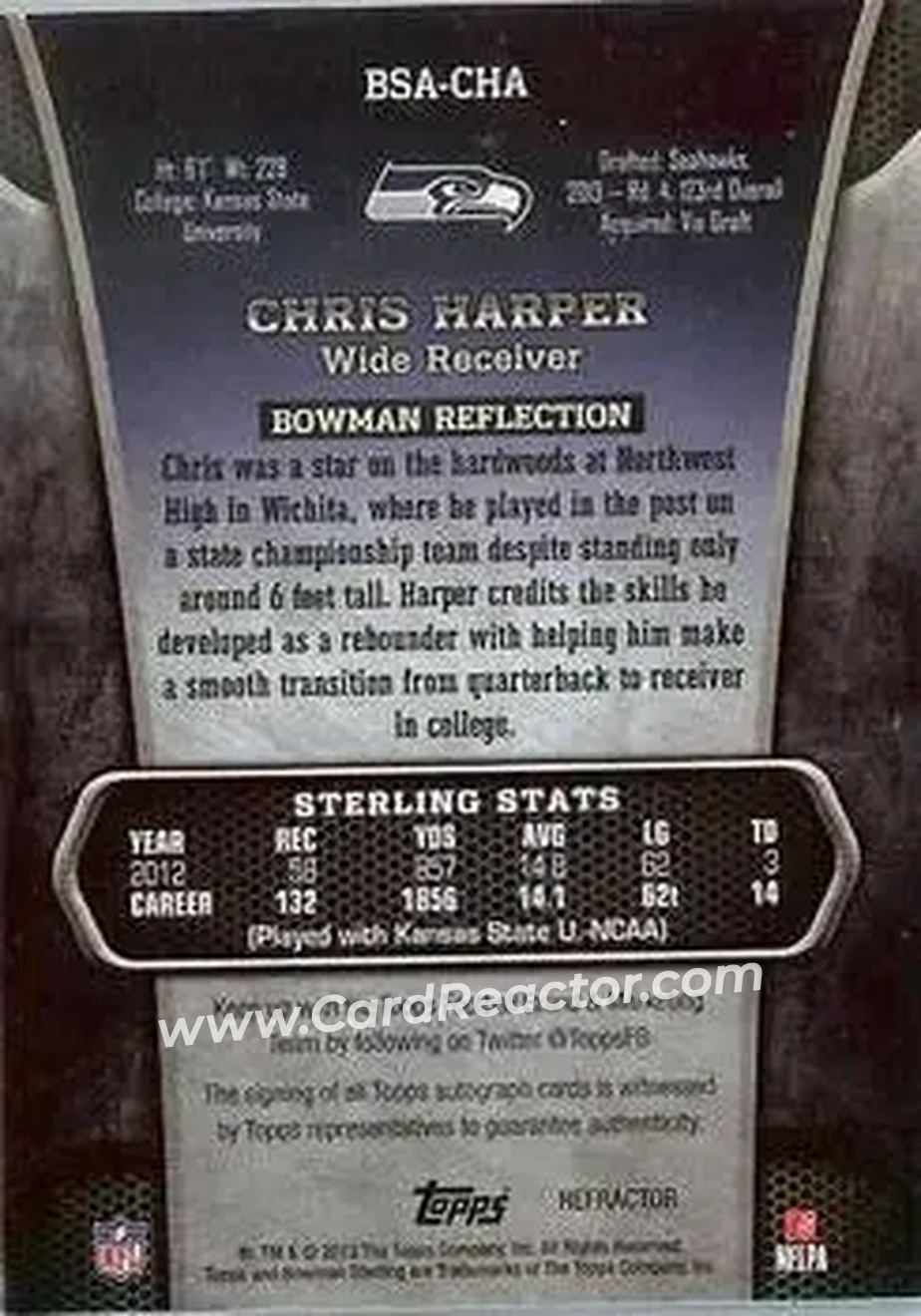 2013 Bowman Sterling - Autographs Prism Refractors #BSA-CHA - Chris Harper - Seattle Seahawks - Back