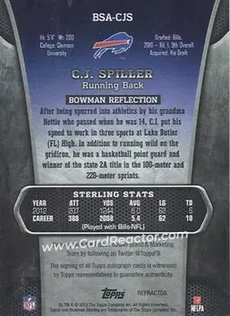 2013 Bowman Sterling - Autographs Prism Refractors #BSA-CJS - C.J. Spiller - Buffalo Bills - Back