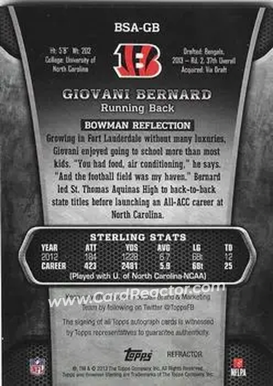 2013 Bowman Sterling - Autographs Prism Refractors #BSA-GB - Giovani Bernard - Cincinnati Bengals - Back 2013 Bowman Sterling - Autographs Prism Refractors #BSA-GB - Giovani Bernard - Cincinnati Bengals - Back