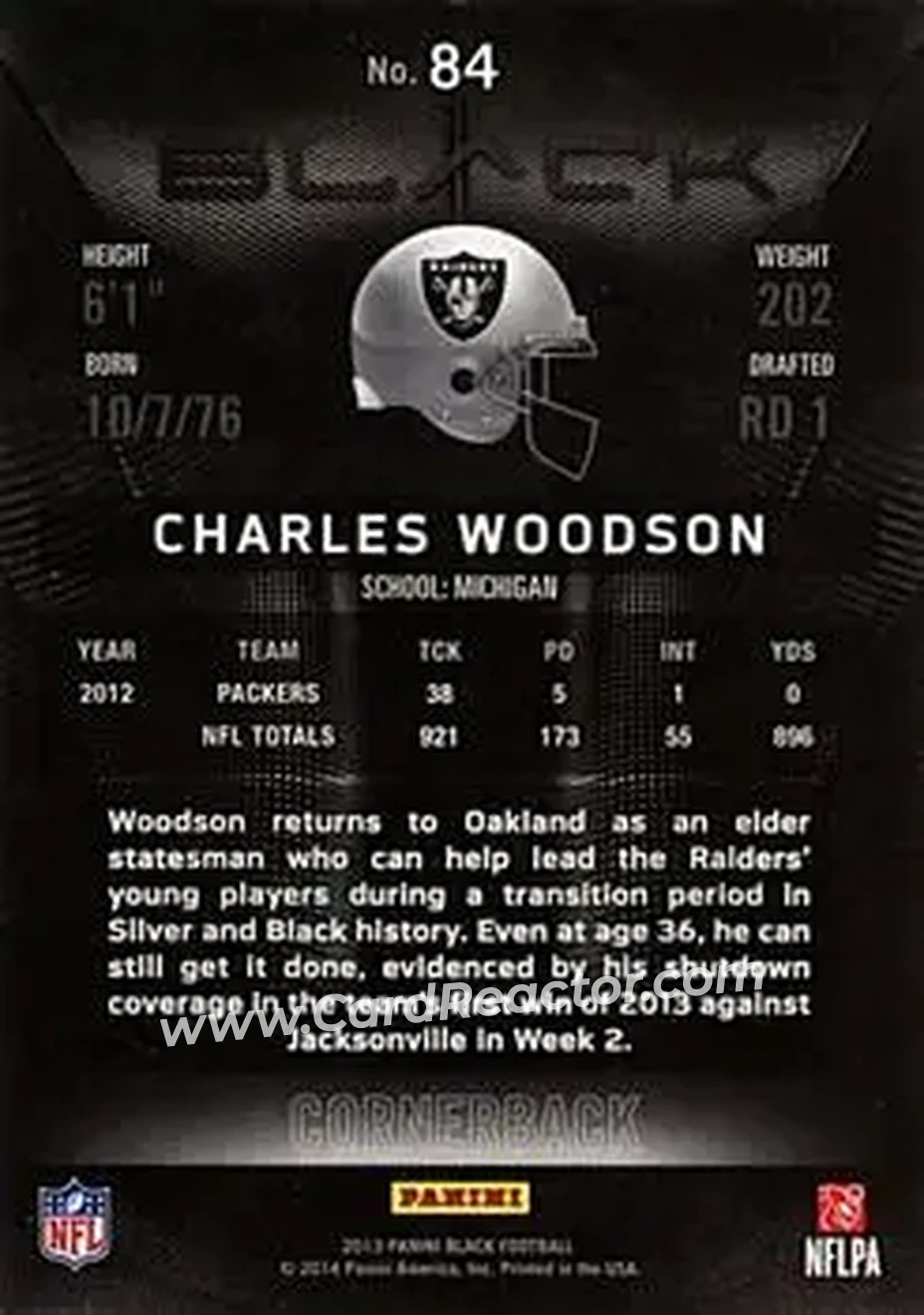 2013 Panini Black - Black #84 - Charles Woodson - Oakland Raiders - Back