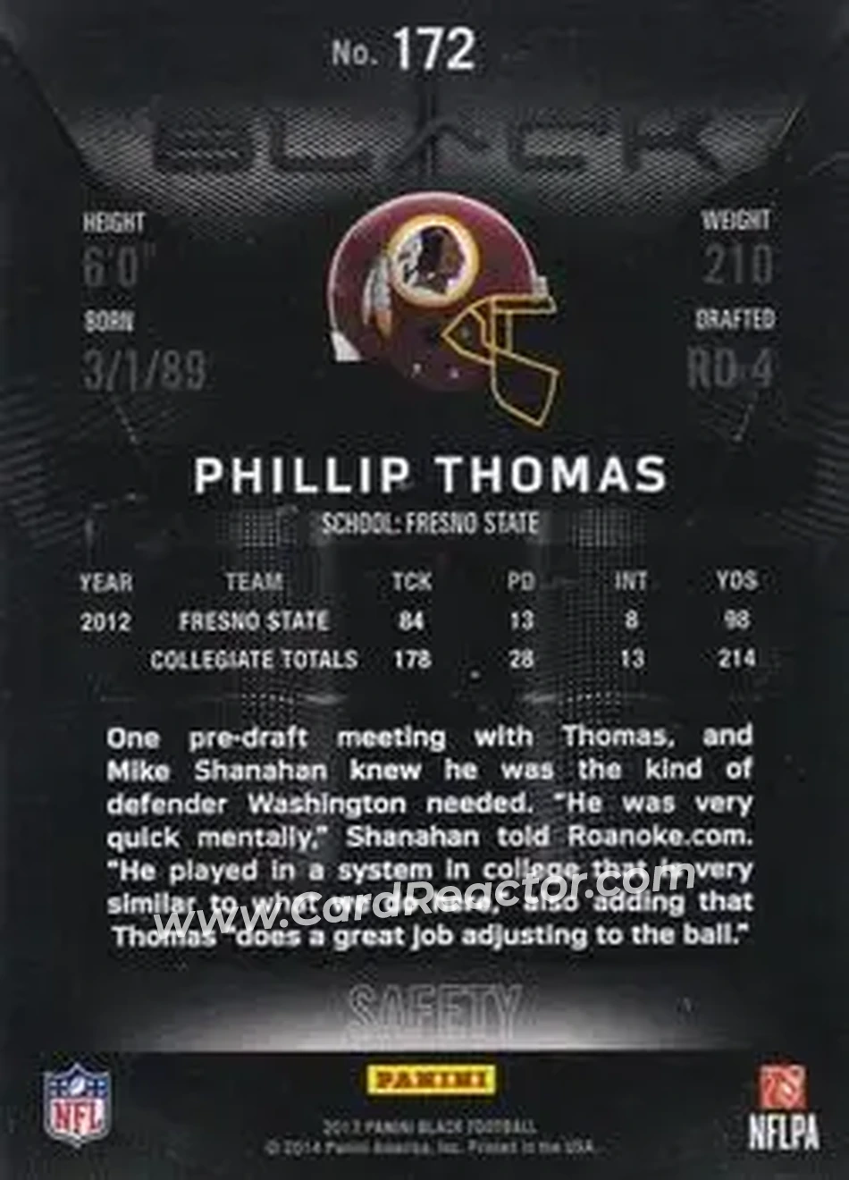 2013 Panini Black - Black #172 - Phillip Thomas - Washington Redskins - Back 2013 Panini Black - Black #172 - Phillip Thomas - Washington Redskins - Back