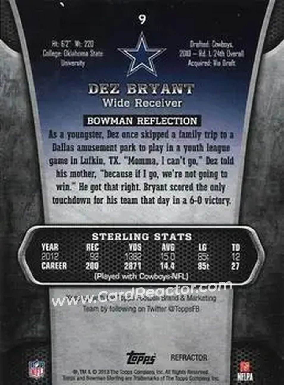 2013 Bowman Sterling - Black Refractors #9 - Dez Bryant - Dallas Cowboys - Back