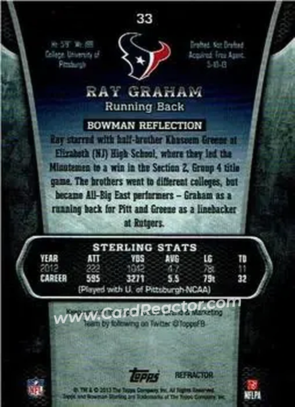 2013 Bowman Sterling - Black Refractors #33 - Ray Graham - Houston Texans - Back
