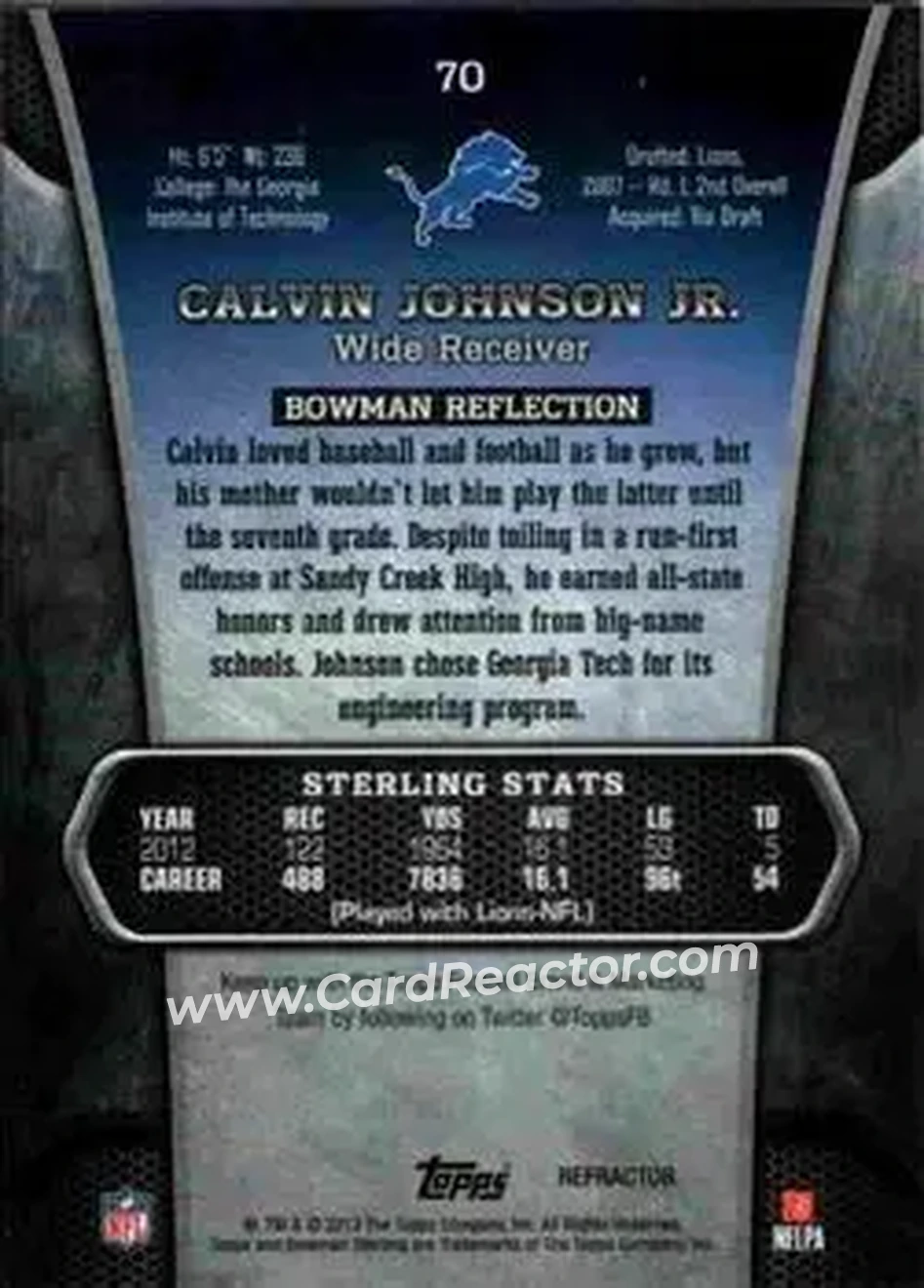 2013 Bowman Sterling - Black Refractors #70 - Calvin Johnson - Detroit Lions - Back 2013 Bowman Sterling - Black Refractors #70 - Calvin Johnson - Detroit Lions - Back