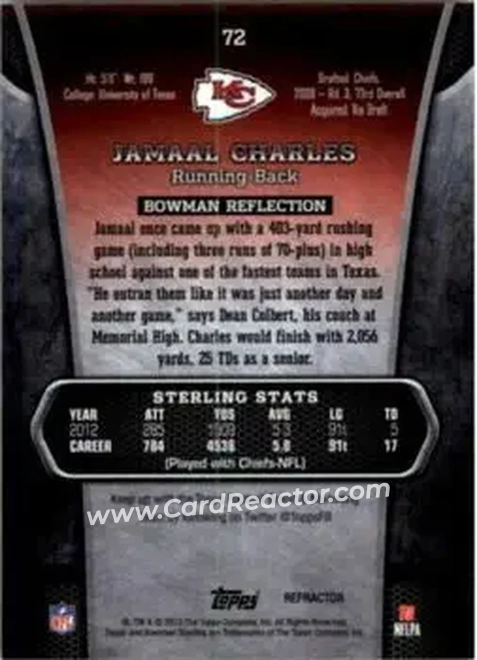 2013 Bowman Sterling - Black Refractors #72 - Jamaal Charles - Kansas City Chiefs - Back 2013 Bowman Sterling - Black Refractors #72 - Jamaal Charles - Kansas City Chiefs - Back