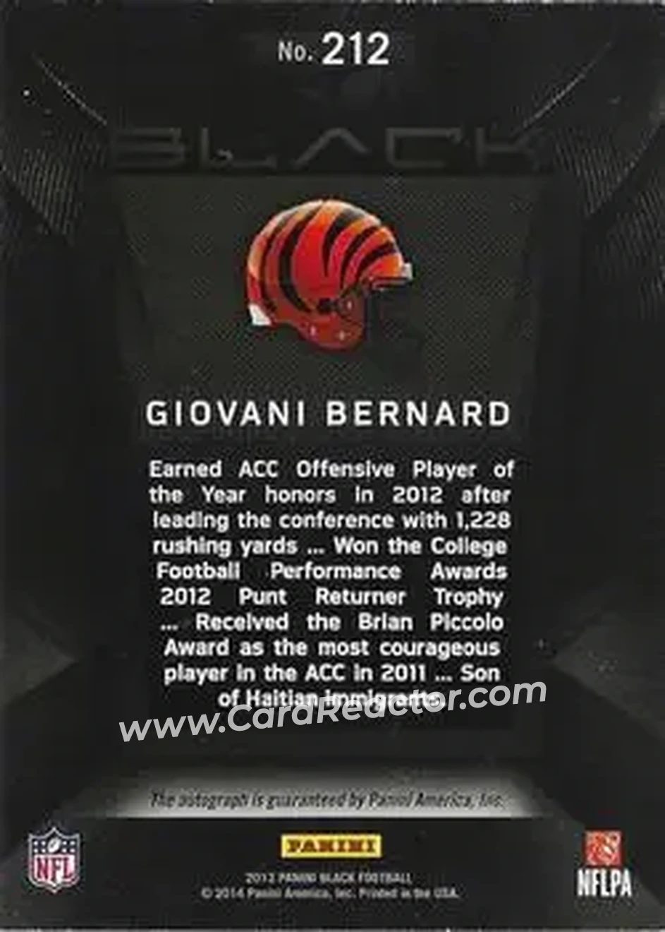 2013 Panini Black - Black #212 - Giovani Bernard - Cincinnati Bengals - Back