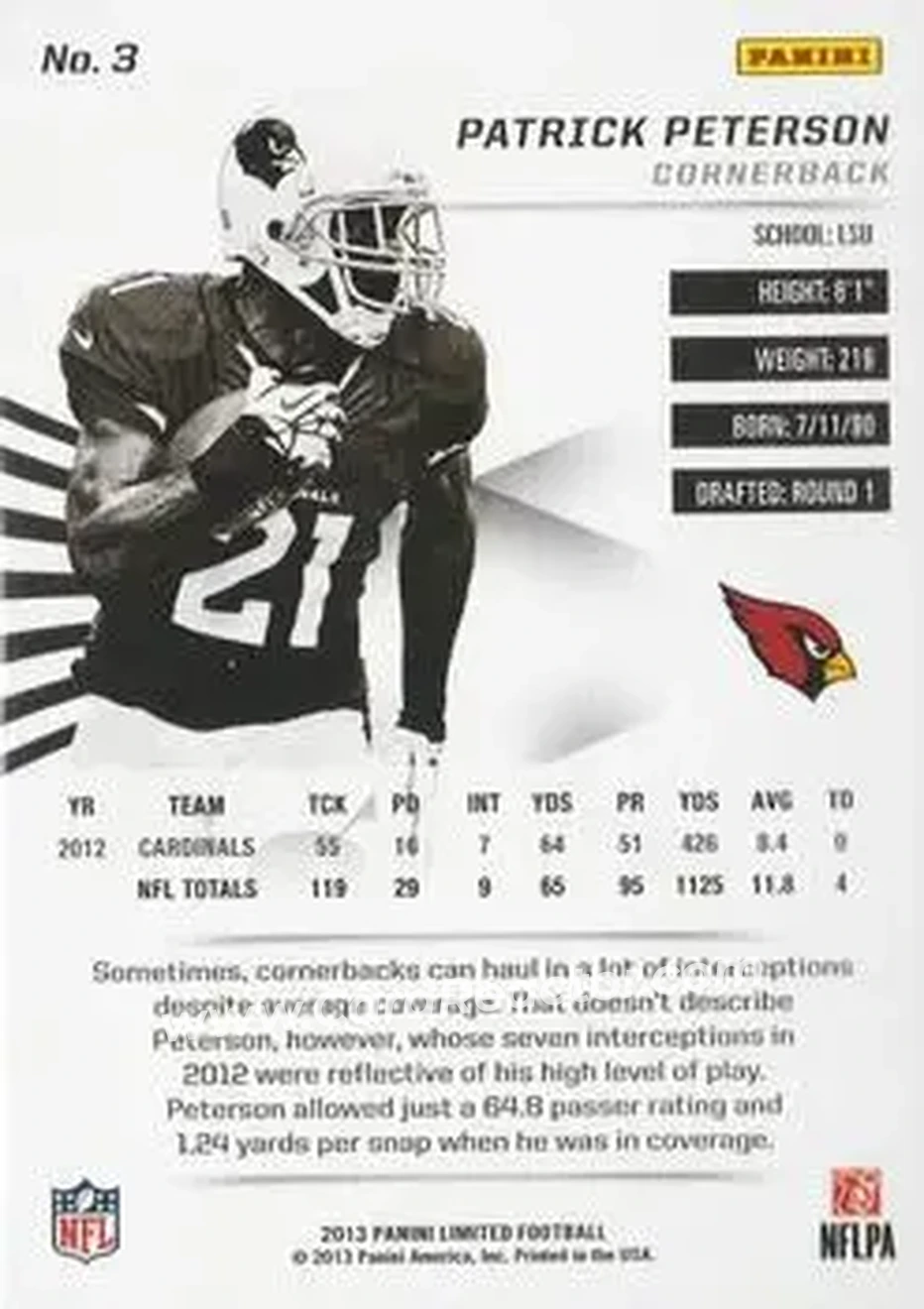2013 Panini Limited #3 - Patrick Peterson - Arizona Cardinals - Back