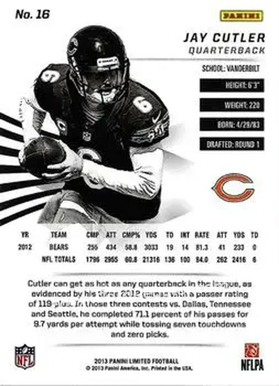 2013 Panini Limited #16 - Jay Cutler - Chicago Bears - Back