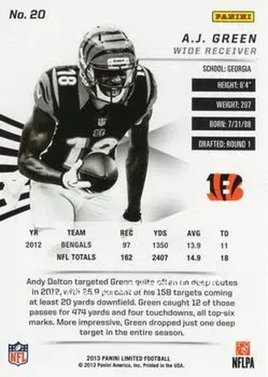 2013 Panini Limited #20 - A.J. Green - Cincinnati Bengals - Back