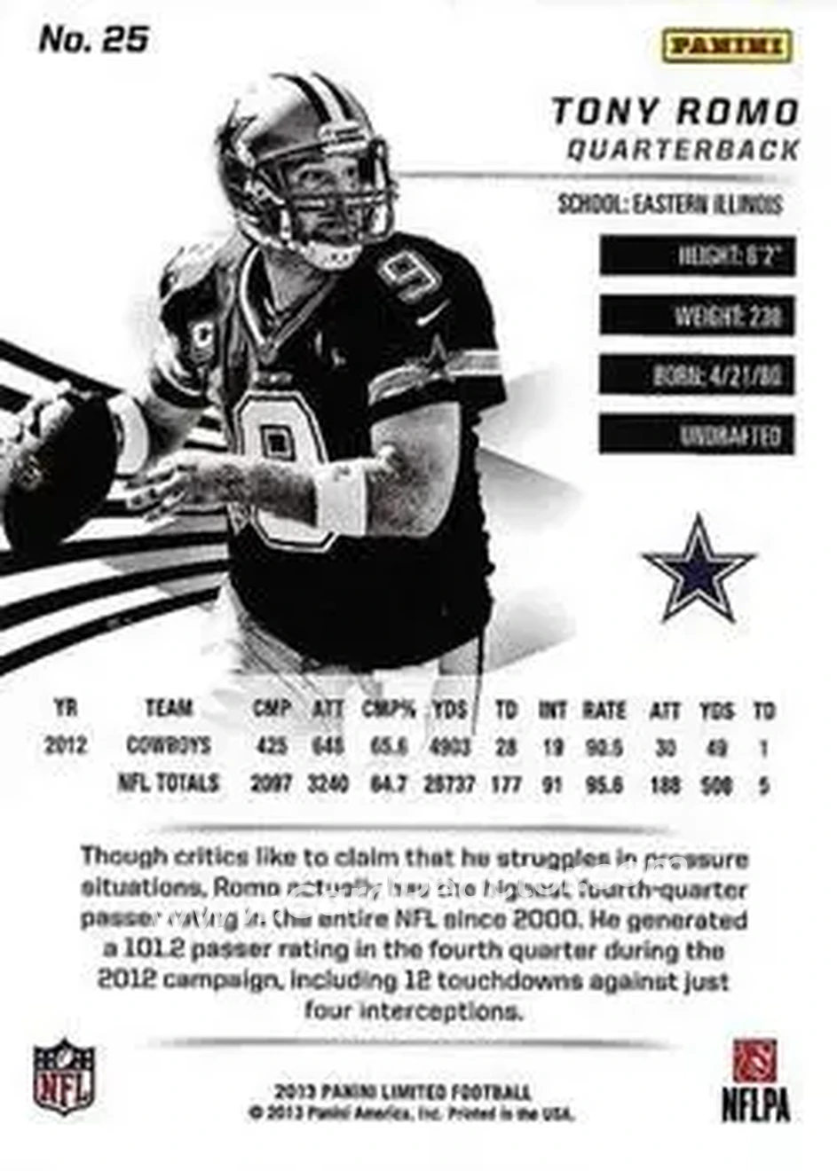 2013 Panini Limited #25 - Tony Romo - Dallas Cowboys - Back 2013 Panini Limited #25 - Tony Romo - Dallas Cowboys - Back