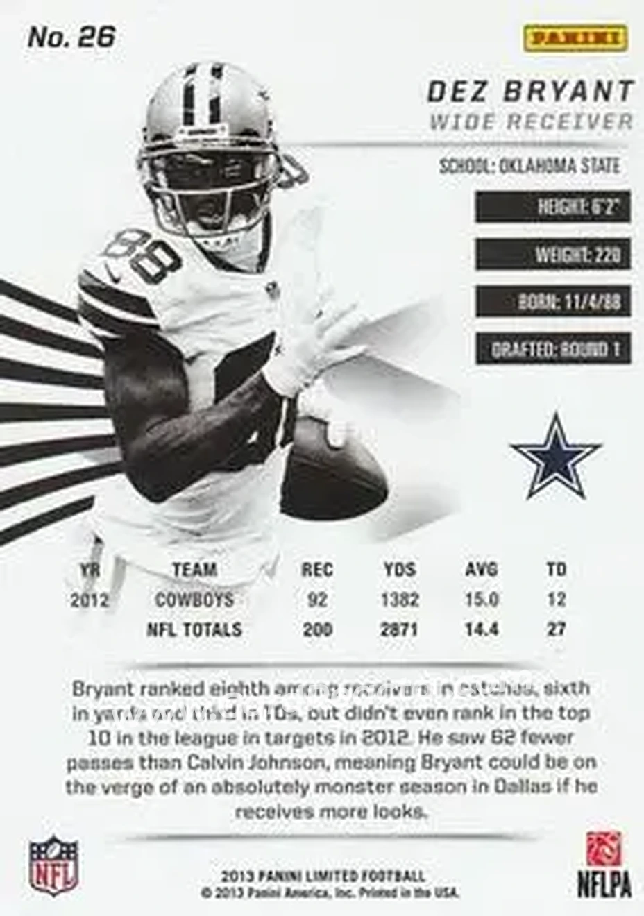 2013 Panini Limited #26 - Dez Bryant - Dallas Cowboys - Back 2013 Panini Limited #26 - Dez Bryant - Dallas Cowboys - Back