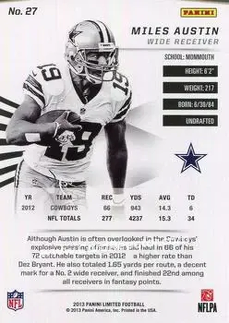 2013 Panini Limited #27 - Miles Austin - Dallas Cowboys - Back