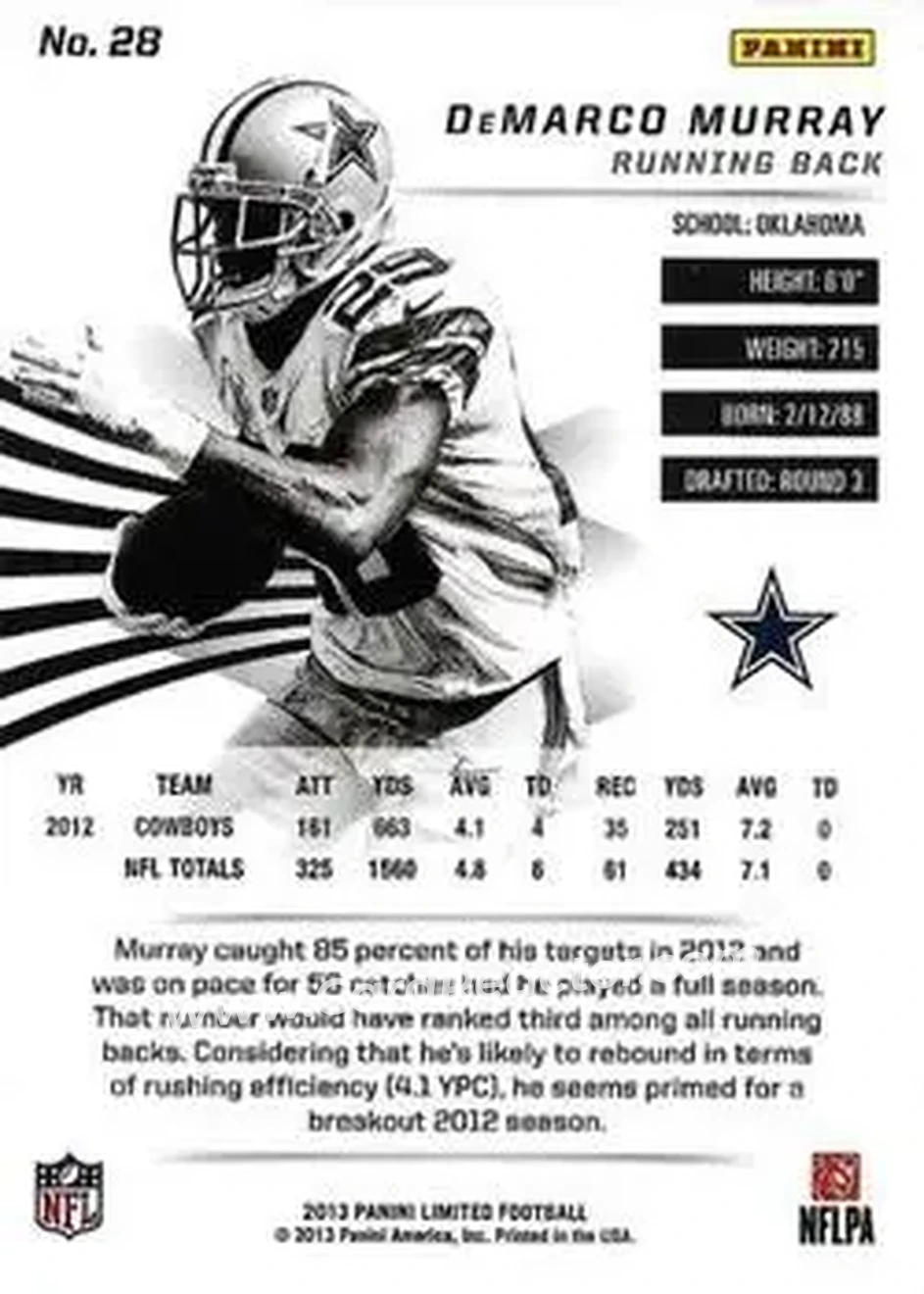 2013 Panini Limited #28 - DeMarco Murray - Dallas Cowboys - Back