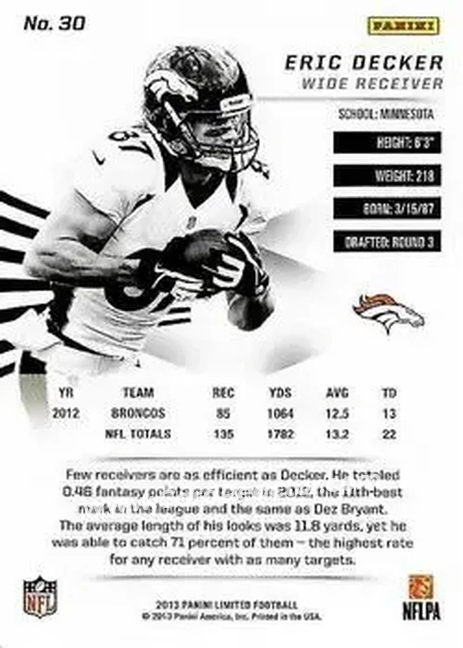 2013 Panini Limited #30 - Eric Decker - Denver Broncos - Back