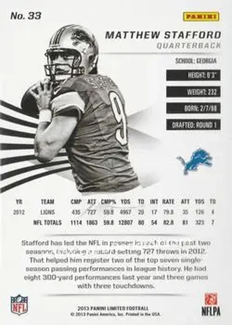 2013 Panini Limited #33 - Matthew Stafford - Detroit Lions - Back