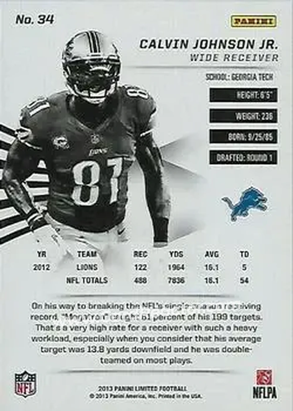 2013 Panini Limited #34 - Calvin Johnson - Detroit Lions - Back