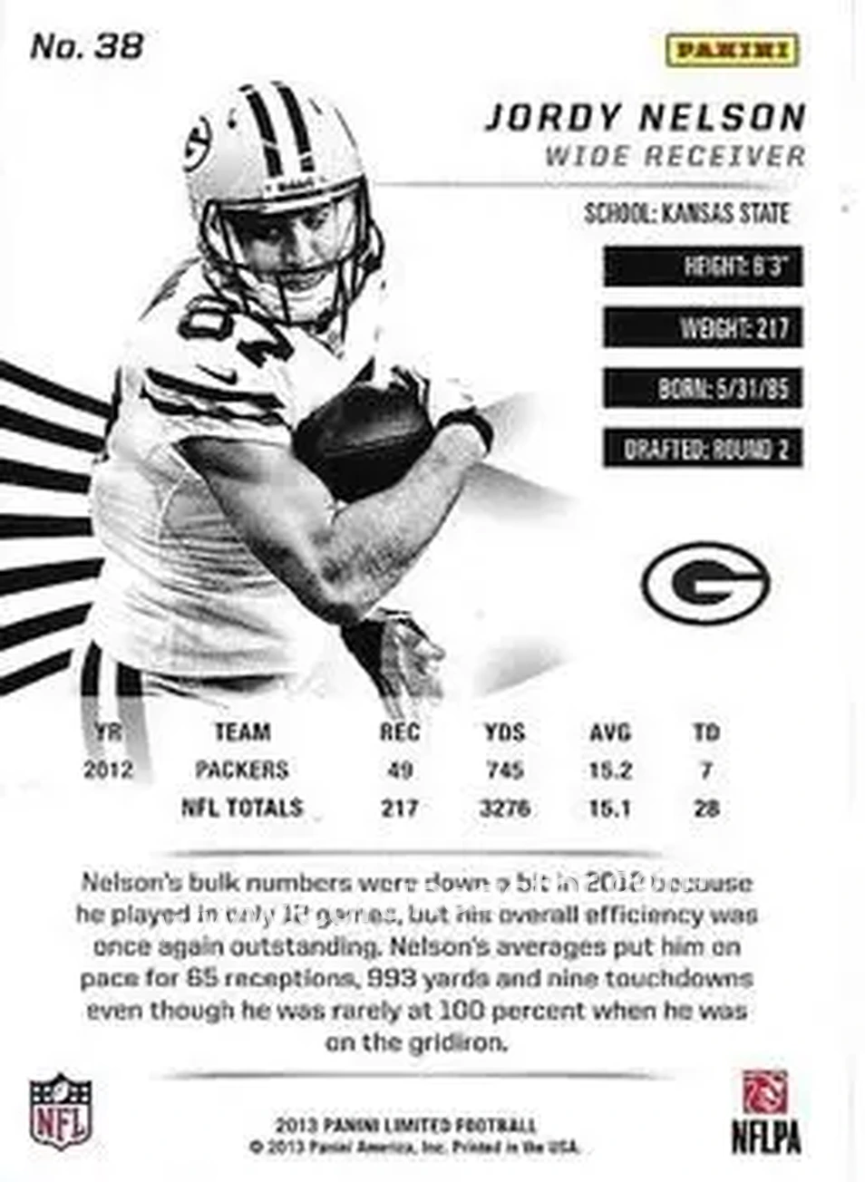2013 Panini Limited #38 - Jordy Nelson - Green Bay Packers - Back