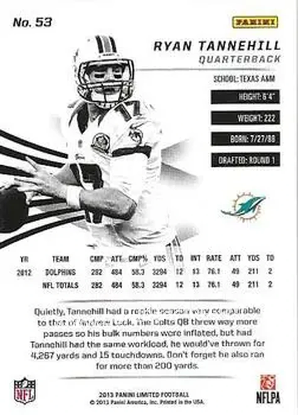 2013 Panini Limited #53 - Ryan Tannehill - Miami Dolphins - Back