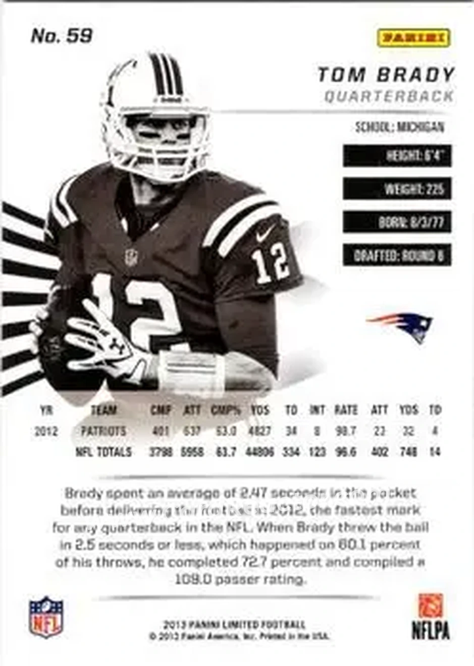2013 Panini Limited #59 - Tom Brady - New England Patriots - Back
