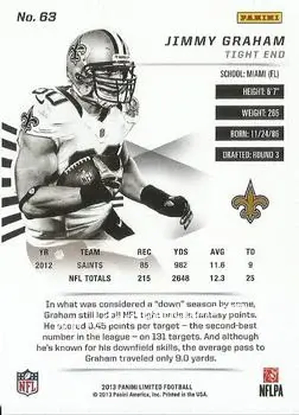 2013 Panini Limited #63 - Jimmy Graham - New Orleans Saints - Back