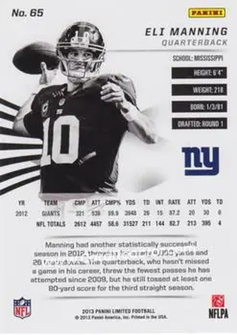 2013 Panini Limited #65 - Eli Manning - New York Giants - Back