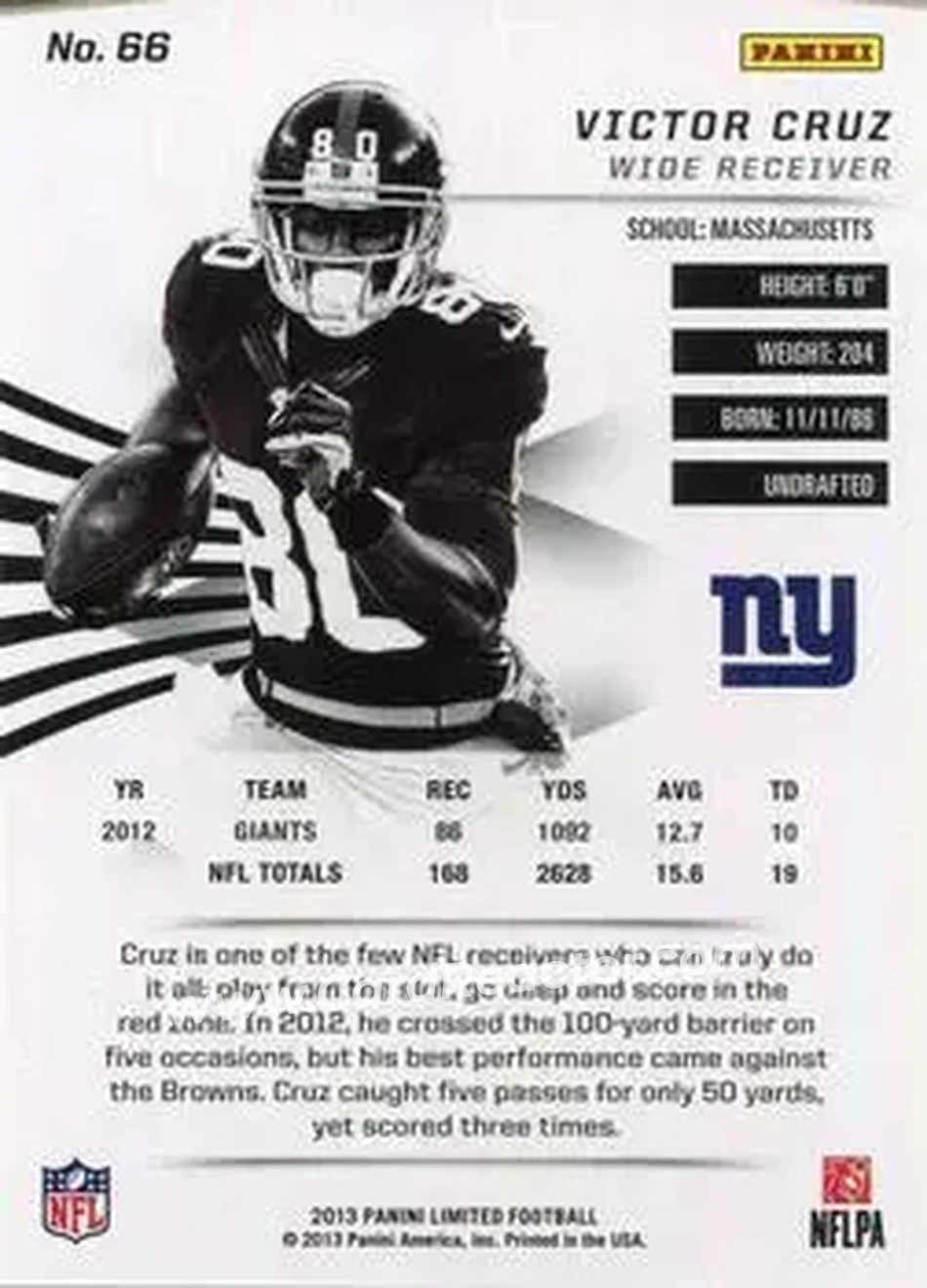 2013 Panini Limited #66 - Victor Cruz - New York Giants - Back