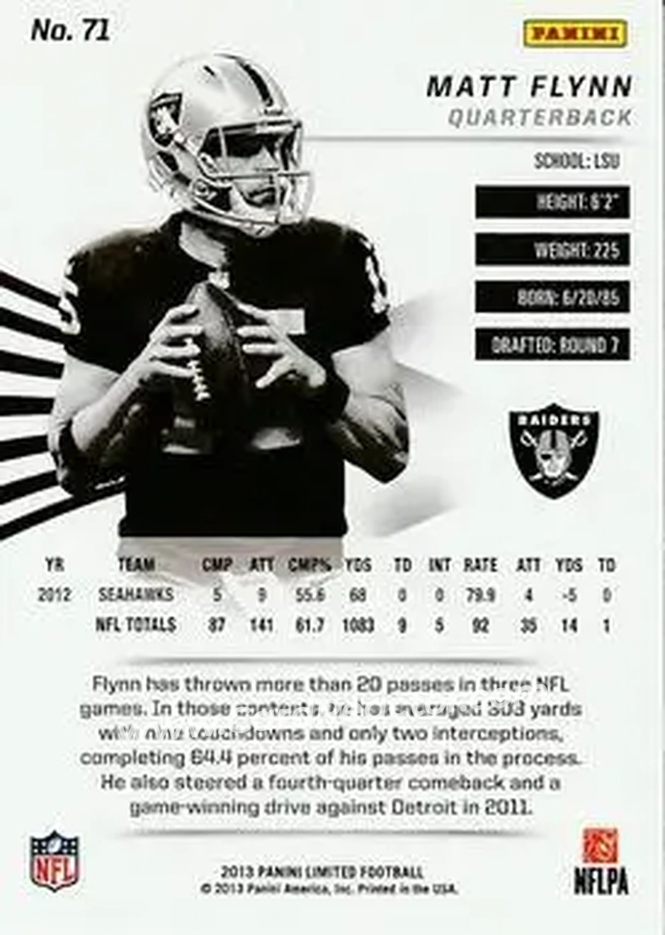 2013 Panini Limited #71 - Matt Flynn - Oakland Raiders - Back