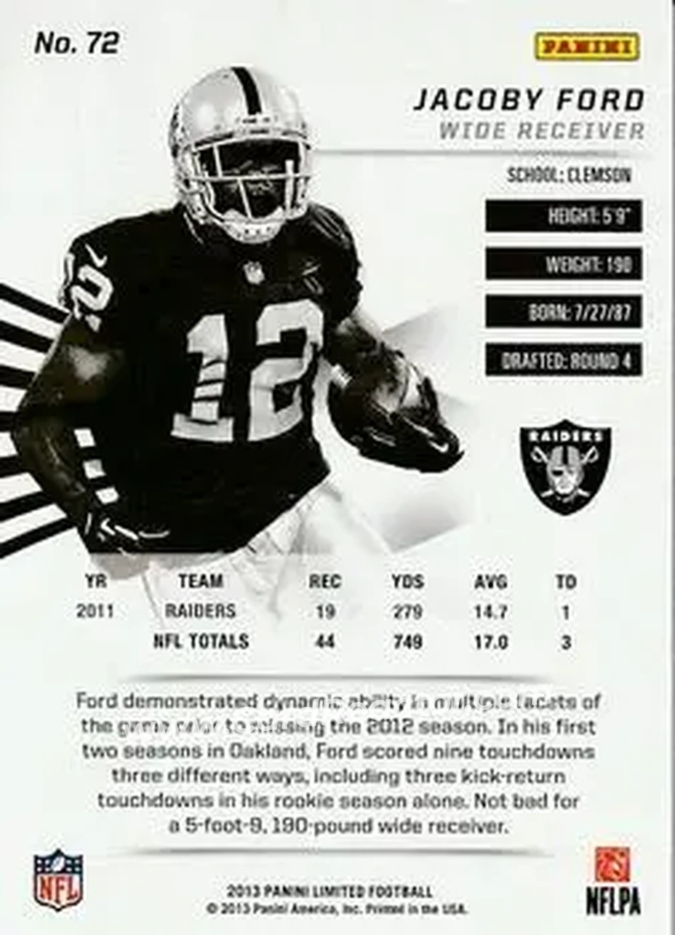 2013 Panini Limited #72 - Jacoby Ford - Oakland Raiders - Back
