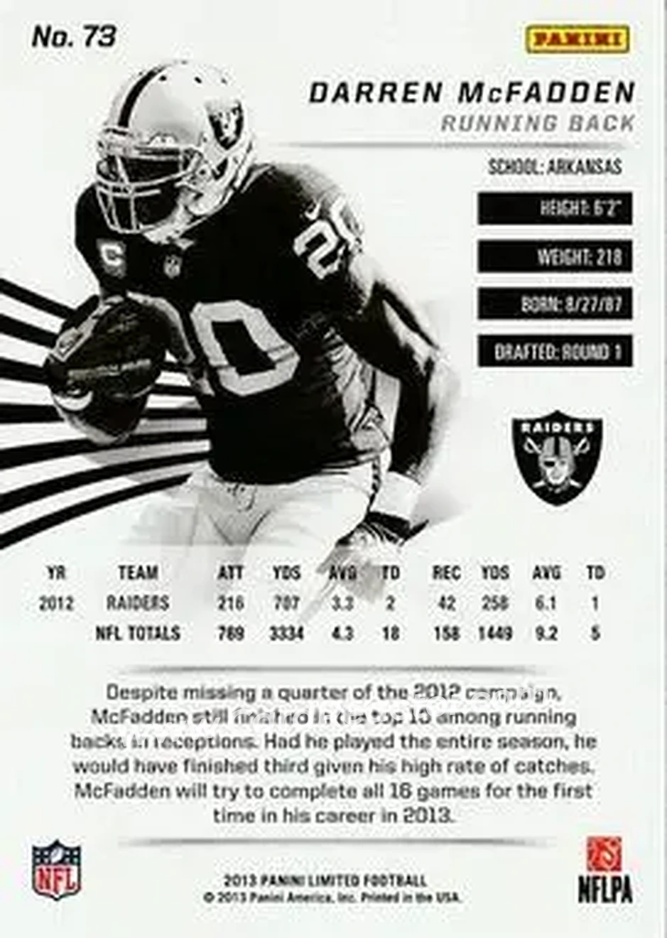 2013 Panini Limited #73 - Darren McFadden - Oakland Raiders - Back 2013 Panini Limited #73 - Darren McFadden - Oakland Raiders - Back
