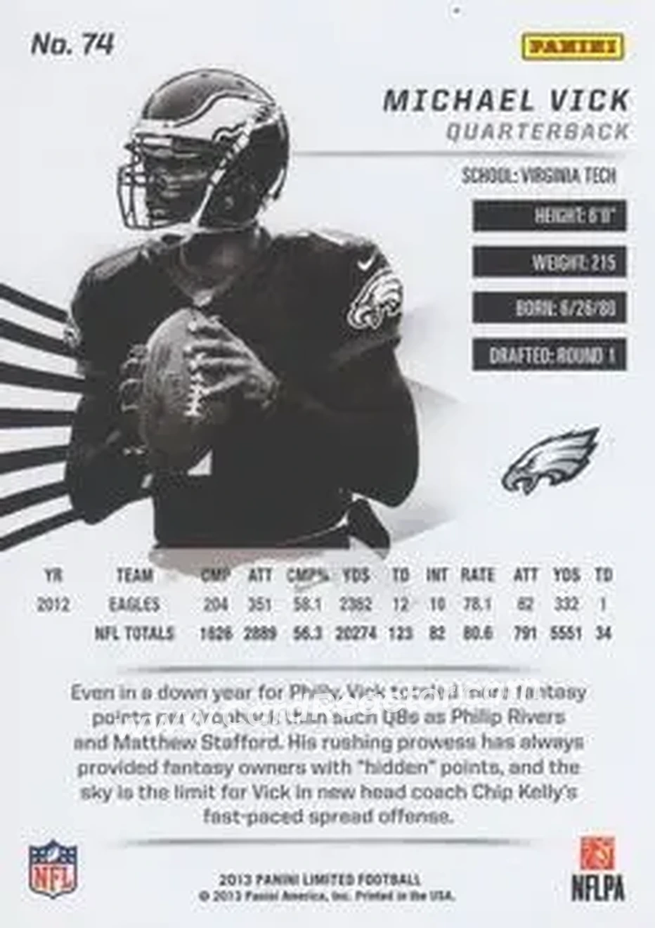 2013 Panini Limited #74 - Michael Vick - Philadelphia Eagles - Back