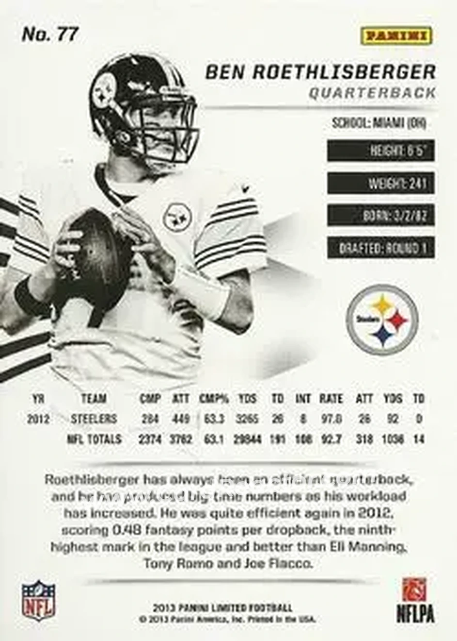 2013 Panini Limited #77 - Ben Roethlisberger - Pittsburgh Steelers - Back