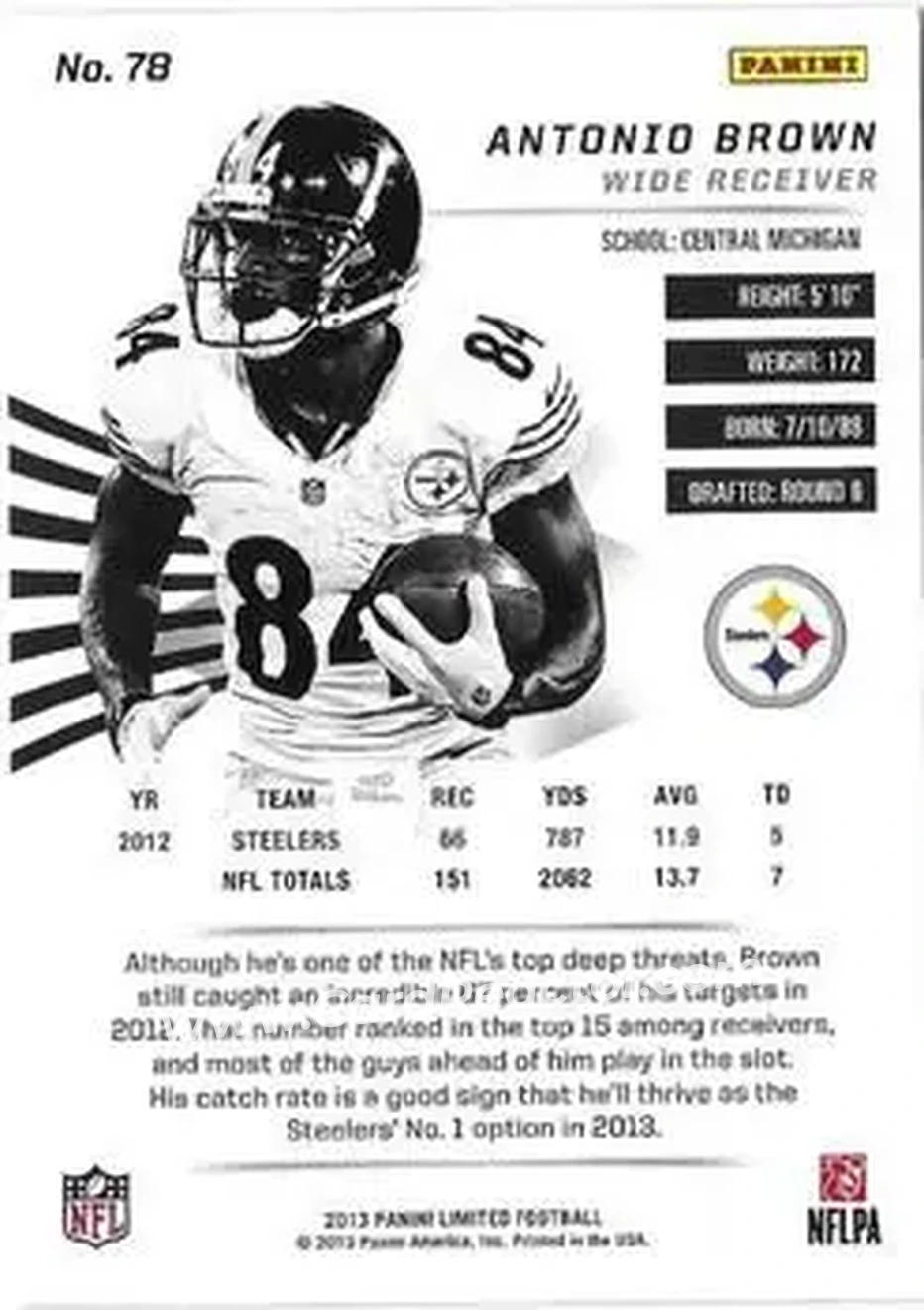 2013 Panini Limited #78 - Antonio Brown - Pittsburgh Steelers - Back