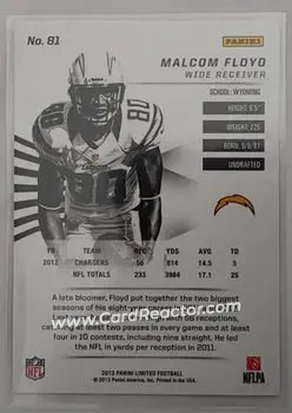 2013 Panini Limited #81 - Malcom Floyd - San Diego Chargers - Back