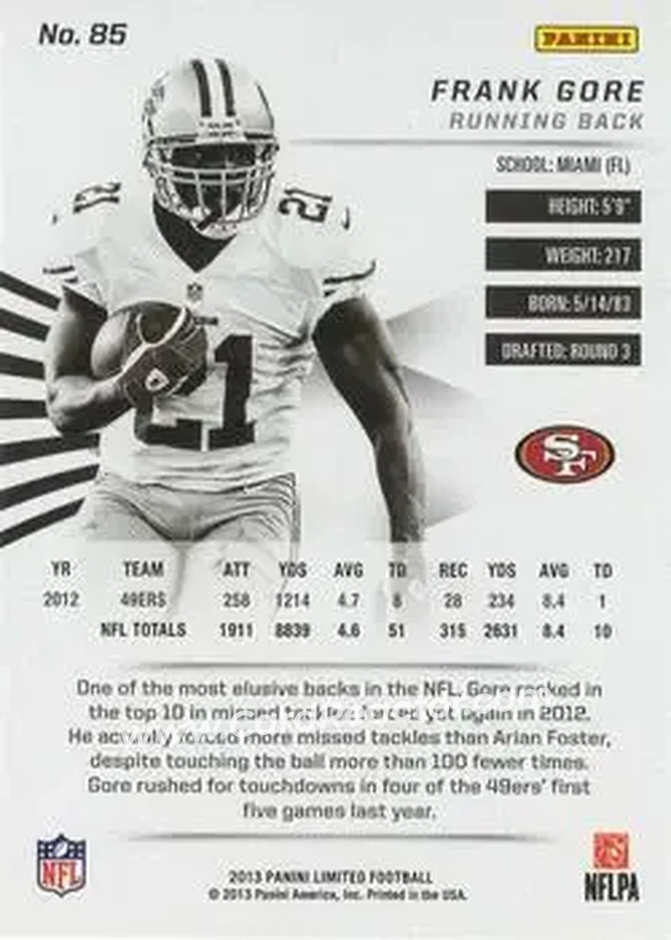 2013 Panini Limited #85 - Frank Gore - San Francisco 49ers - Back