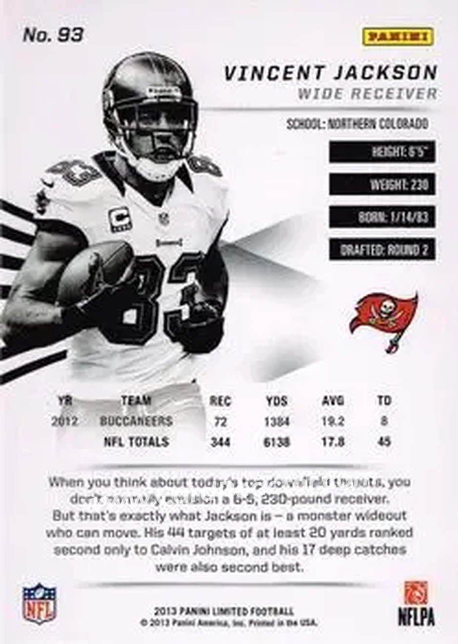 2013 Panini Limited #93 - Vincent Jackson - Tampa Bay Buccaneers - Back