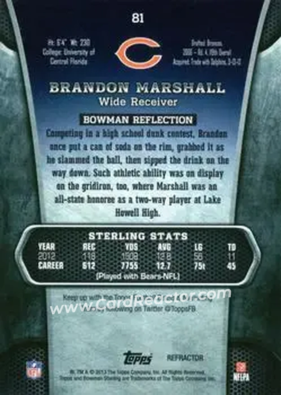 2013 Bowman Sterling - Black Refractors #81 - Brandon Marshall - Chicago Bears - Back