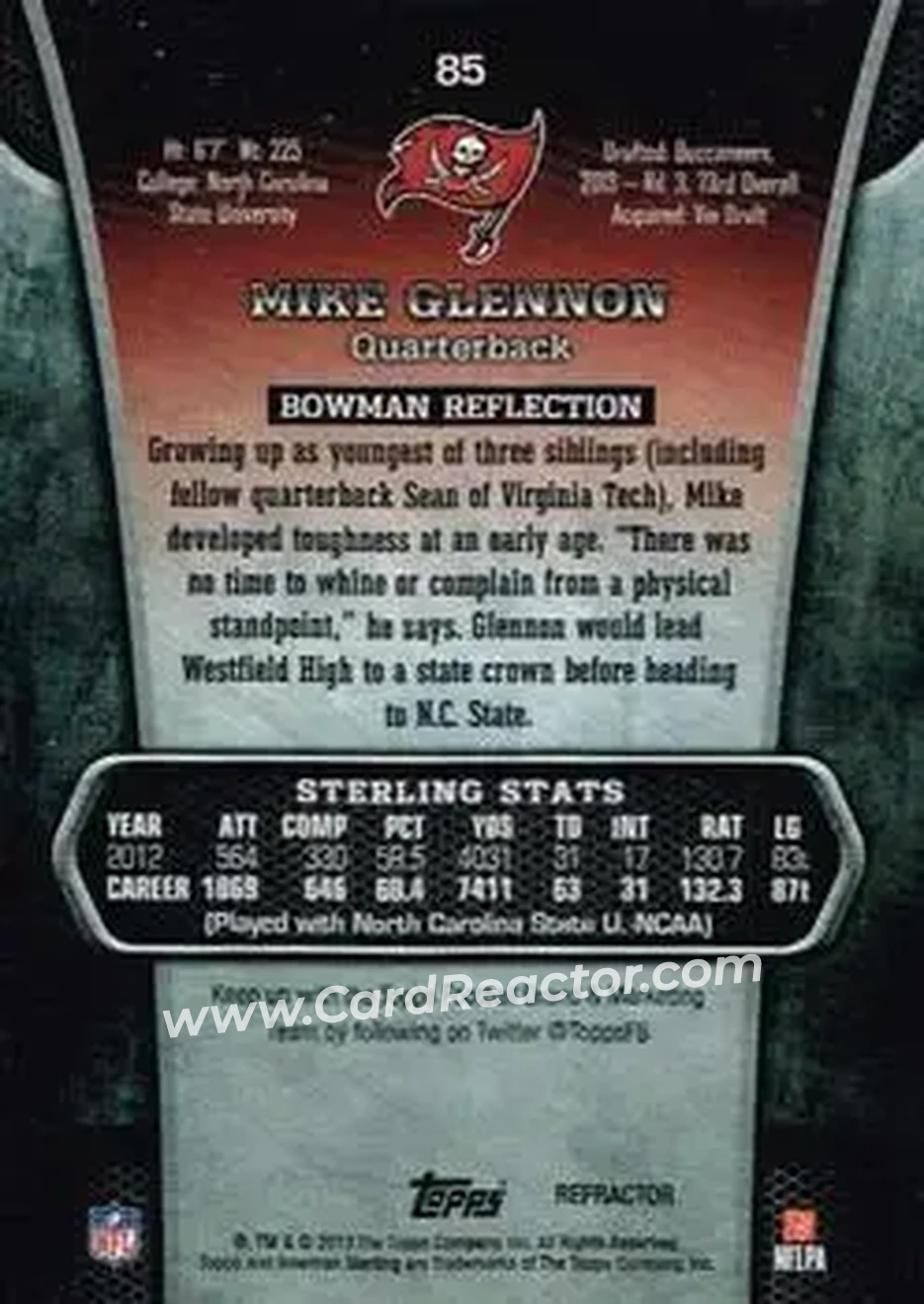 2013 Bowman Sterling - Black Refractors #85 - Mike Glennon - Tampa Bay Buccaneers - Back 2013 Bowman Sterling - Black Refractors #85 - Mike Glennon - Tampa Bay Buccaneers - Back