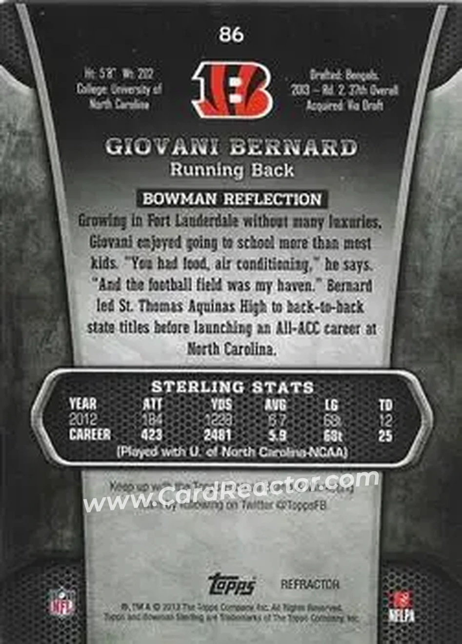 2013 Bowman Sterling - Black Refractors #86 - Giovani Bernard - Cincinnati Bengals - Back