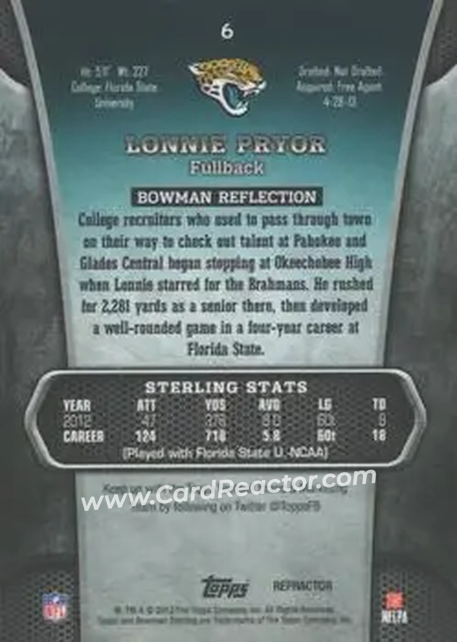 2013 Bowman Sterling - Gold Refractors #6 - Lonnie Pryor - Jacksonville Jaguars - Back 2013 Bowman Sterling - Gold Refractors #6 - Lonnie Pryor - Jacksonville Jaguars - Back