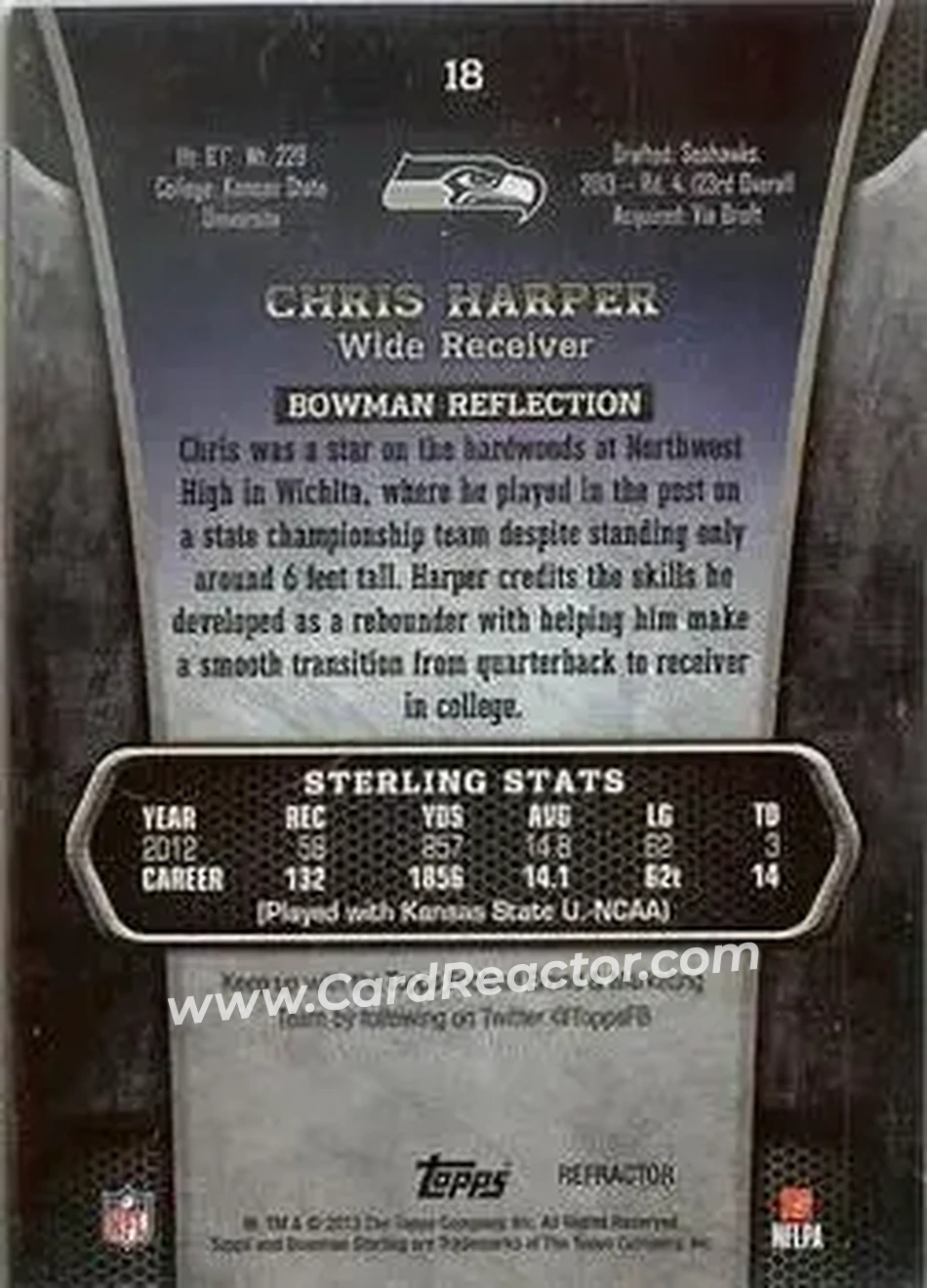 2013 Bowman Sterling - Gold Refractors #18 - Chris Harper - Seattle Seahawks - Back 2013 Bowman Sterling - Gold Refractors #18 - Chris Harper - Seattle Seahawks - Back