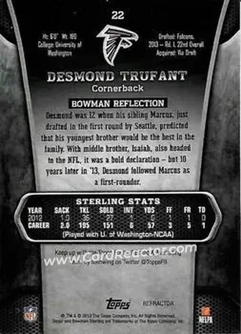 2013 Bowman Sterling - Gold Refractors #22 - Desmond Trufant - Atlanta Falcons - Back 2013 Bowman Sterling - Gold Refractors #22 - Desmond Trufant - Atlanta Falcons - Back