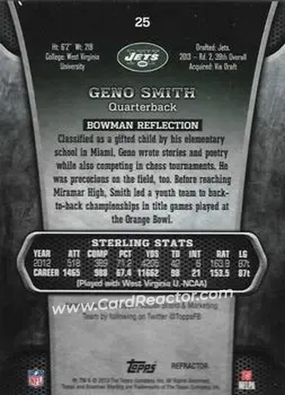 2013 Bowman Sterling - Gold Refractors #25 - Geno Smith - New York Jets - Back 2013 Bowman Sterling - Gold Refractors #25 - Geno Smith - New York Jets - Back