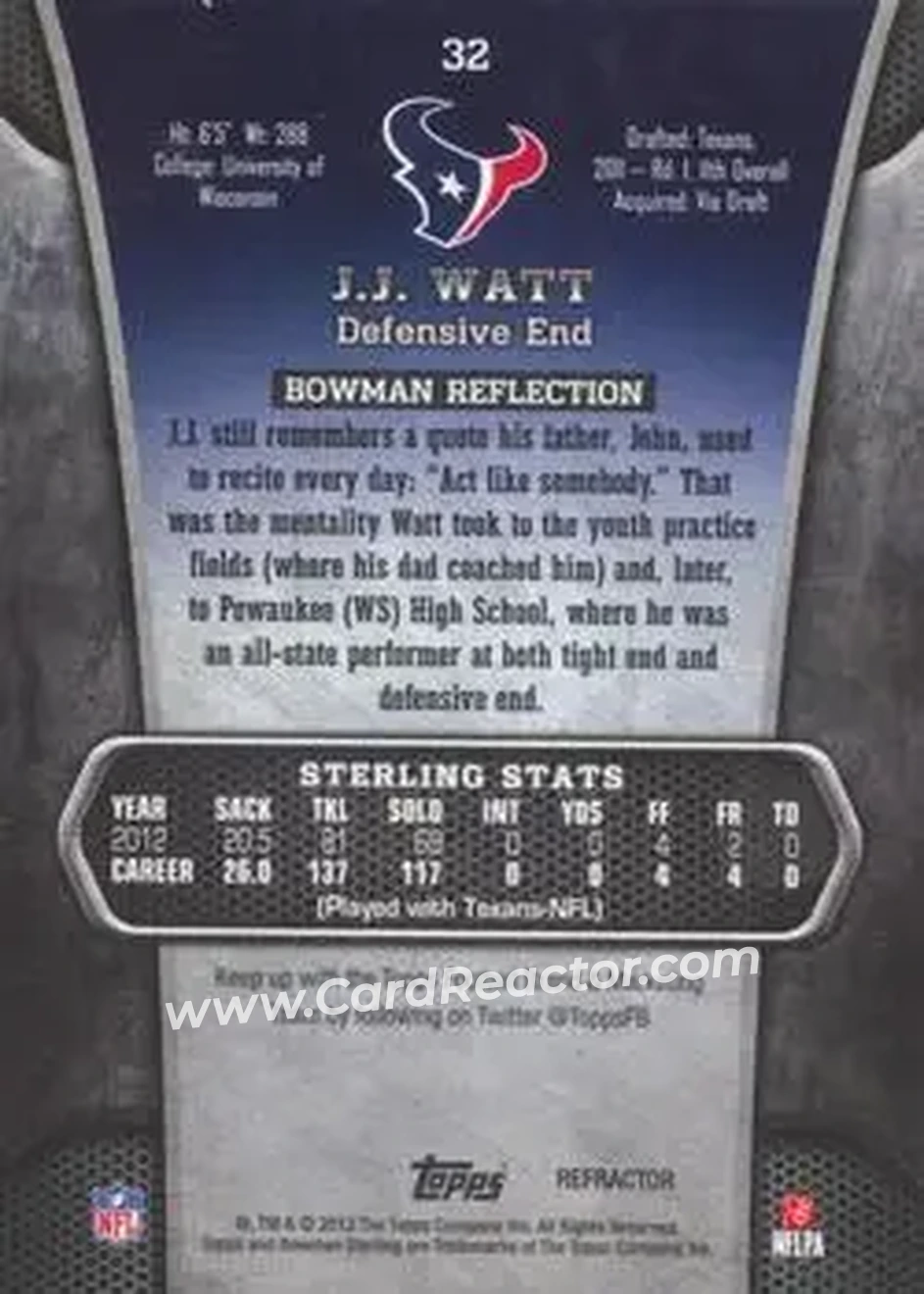 2013 Bowman Sterling - Gold Refractors #32 - J.J. Watt - Houston Texans - Back