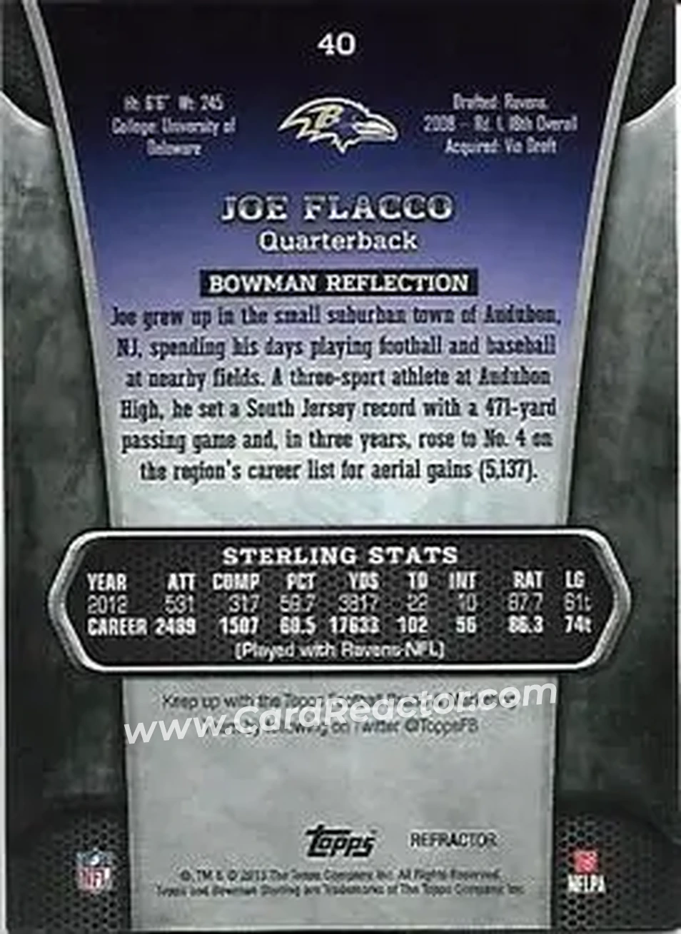 2013 Bowman Sterling - Gold Refractors #40 - Joe Flacco - Baltimore Ravens - Back