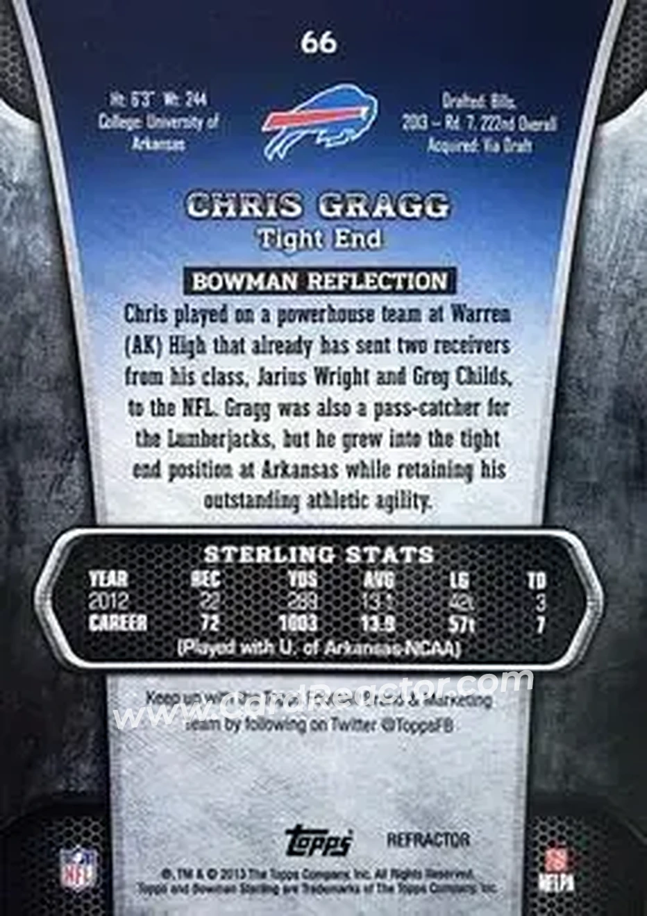 2013 Bowman Sterling - Gold Refractors #66 - Chris Gragg - Buffalo Bills - Back 2013 Bowman Sterling - Gold Refractors #66 - Chris Gragg - Buffalo Bills - Back