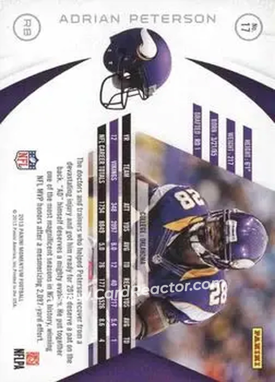 2013 Panini Momentum #17 - Adrian Peterson - Minnesota Vikings - Back 2013 Panini Momentum #17 - Adrian Peterson - Minnesota Vikings - Back