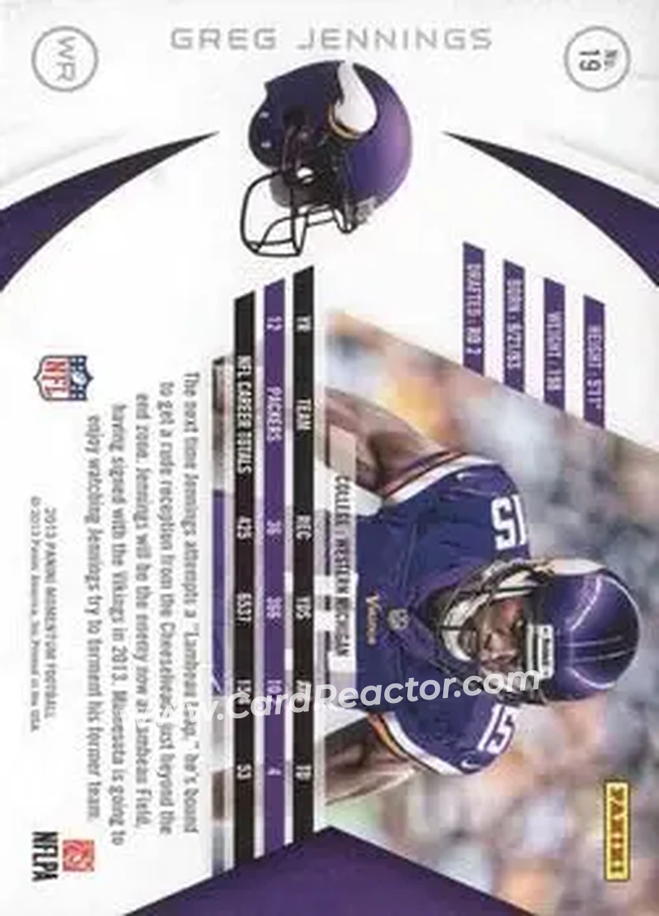 2013 Panini Momentum #19 - Greg Jennings - Minnesota Vikings - Back